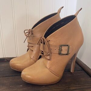 Andrea Tan Leather Heeled Ankle Boots with Lace and Buckle